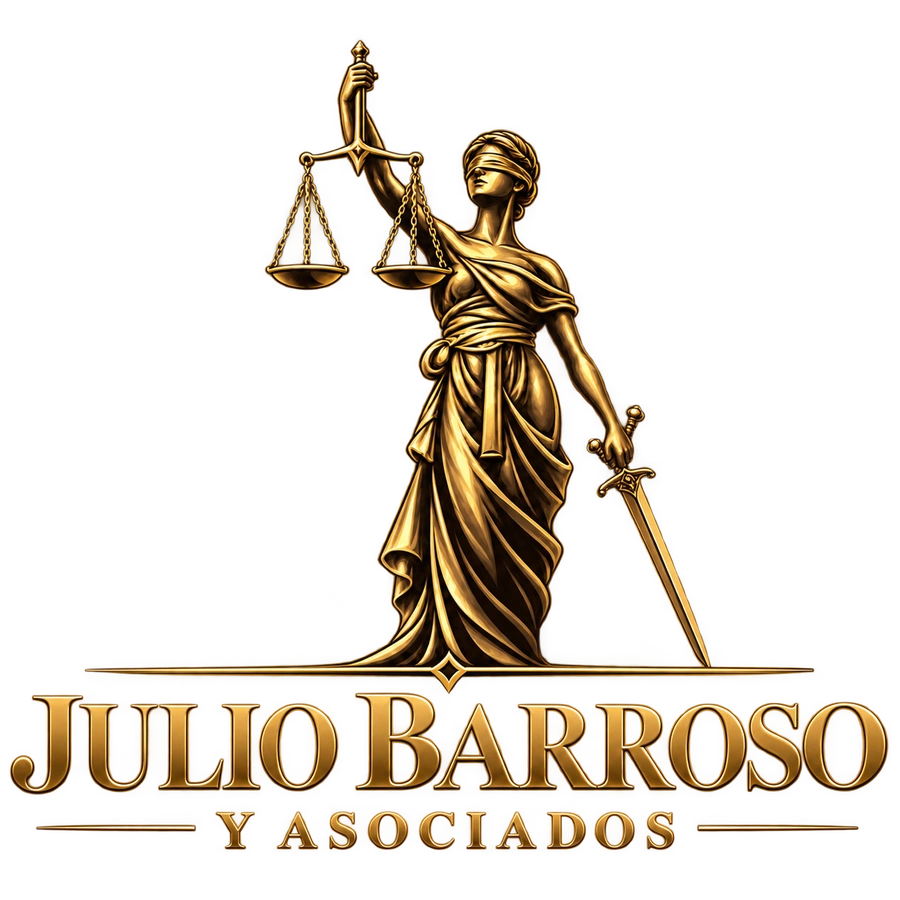 Logotipo Julio Barroso y Asociados con Temis, balanza y espada doradas